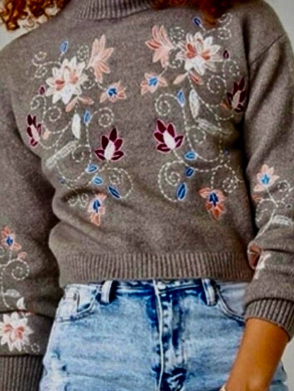 Francesca's Collections Gray Floral Embroidered Turtleneck Sweater